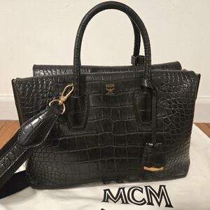 MCM Black Crocodile Embossed Leather Tote